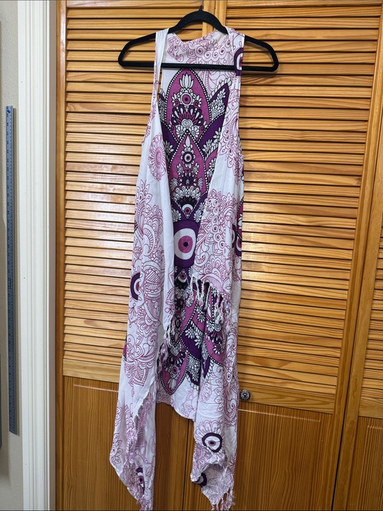 Jackets & Blazers - Boho Purple & White Printed Fringe Vest with shiny details on the back.